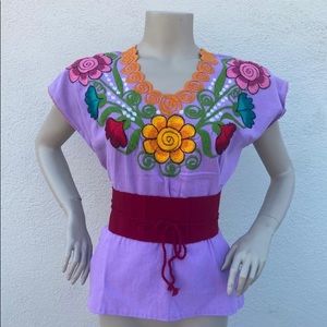 MEXICAN EMBROIDERED BLOUSE with BELT SIZE SMALL